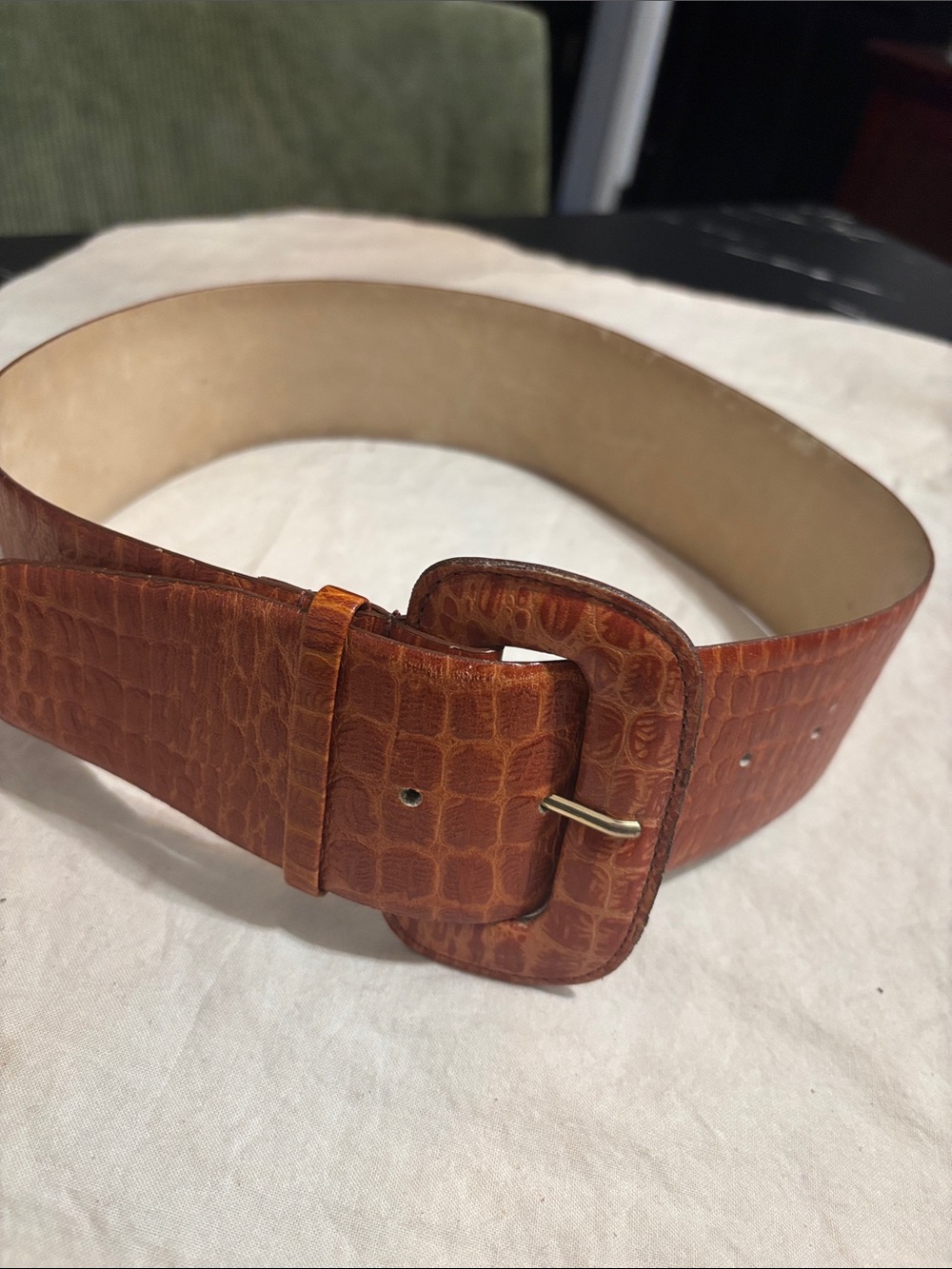 Fob Trading Croc-Embossed Brown Leather Belt with Covered Buckle length 33”